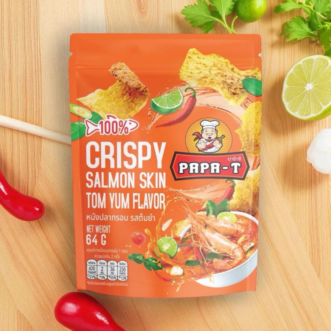 Papa-T Crispy Salmon Skin Tom Yum Flavour 64g premium snack