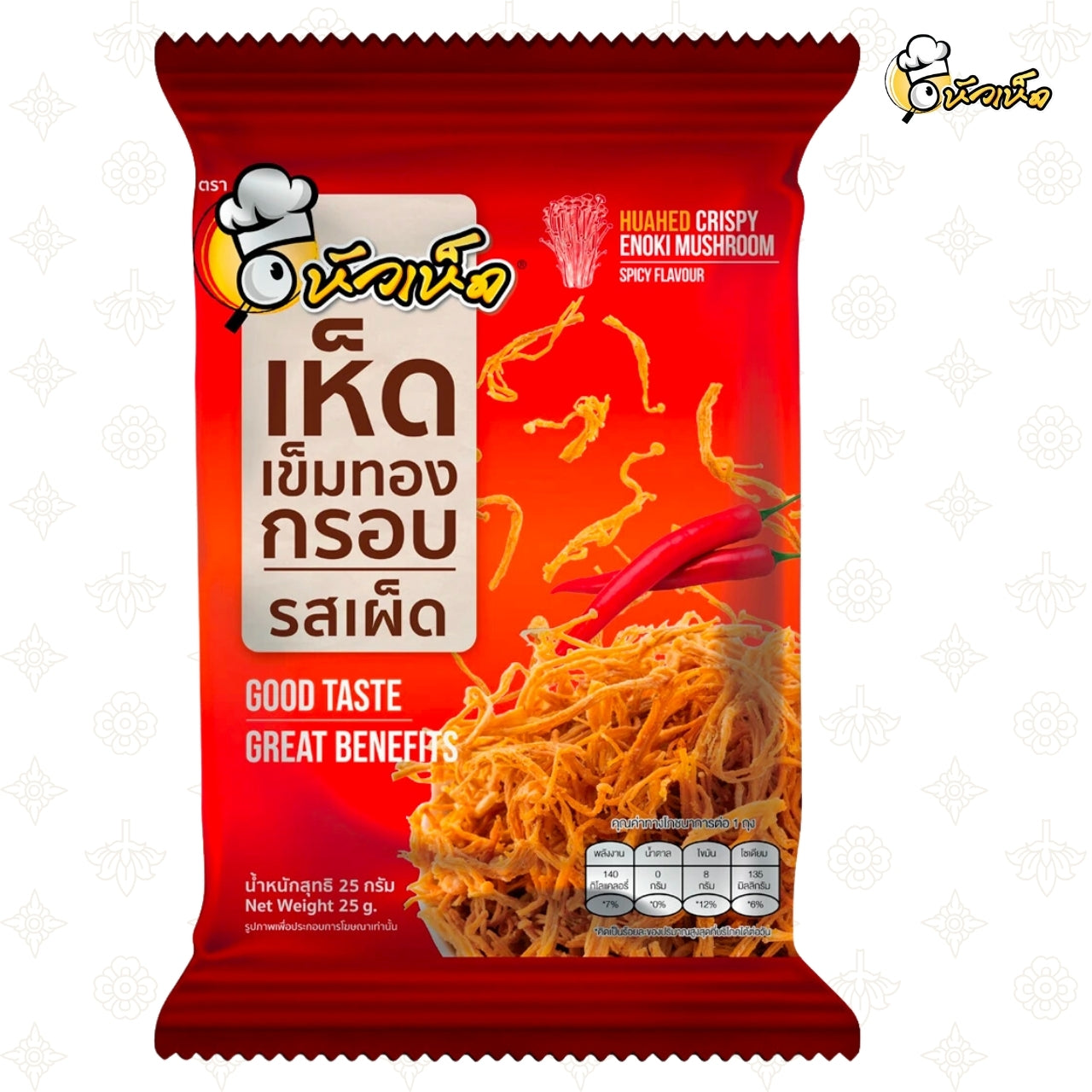 Hua Hed Golden Mushroom Spicy Flavor – Crispy golden mushroom snack with a mild spicy seasoning and rich umami flavor.