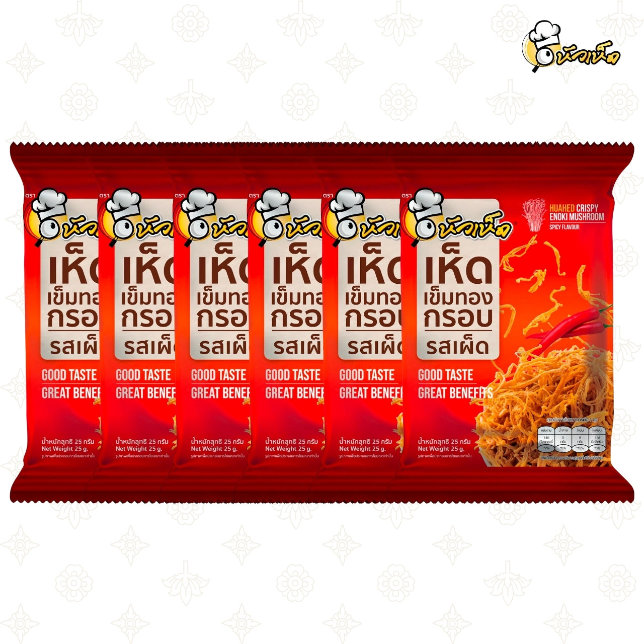 Hua Hed Golden Mushroom Spicy Flavor – Crispy golden mushroom snack with a mild spicy seasoning and rich umami flavor.