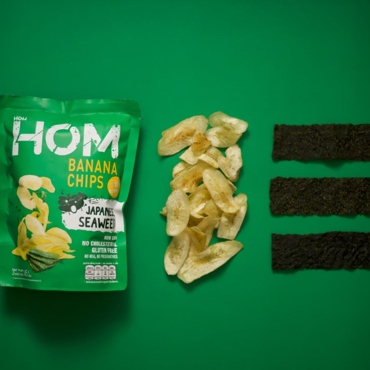 HOM Banana Chips Japanese Seaweed Flavor – Crispy handpicked banana chips cooked in rice bran oil, infused with savory umami seaweed seasoning.