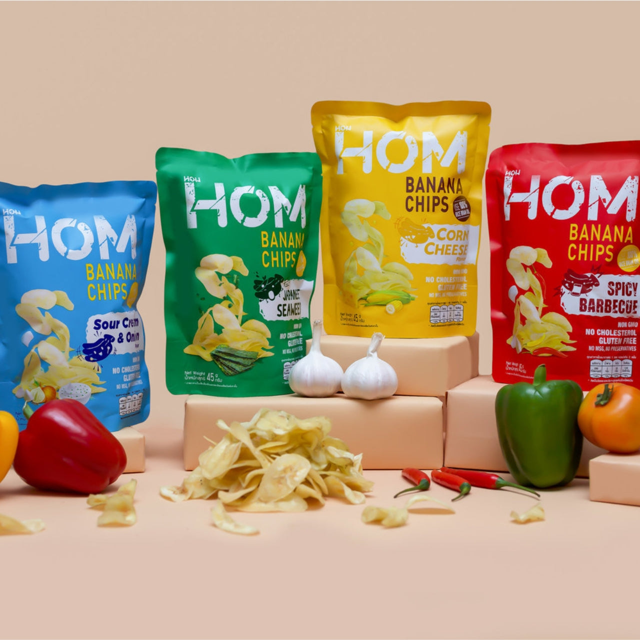 HOM Banana Chips Starter Pack – A variety pack featuring Spicy BBQ, Sour Cream & Onion, Japanese Seaweed, and Corn Cheese flavors, made from premium handpicked bananas and cooked in rice bran oil.