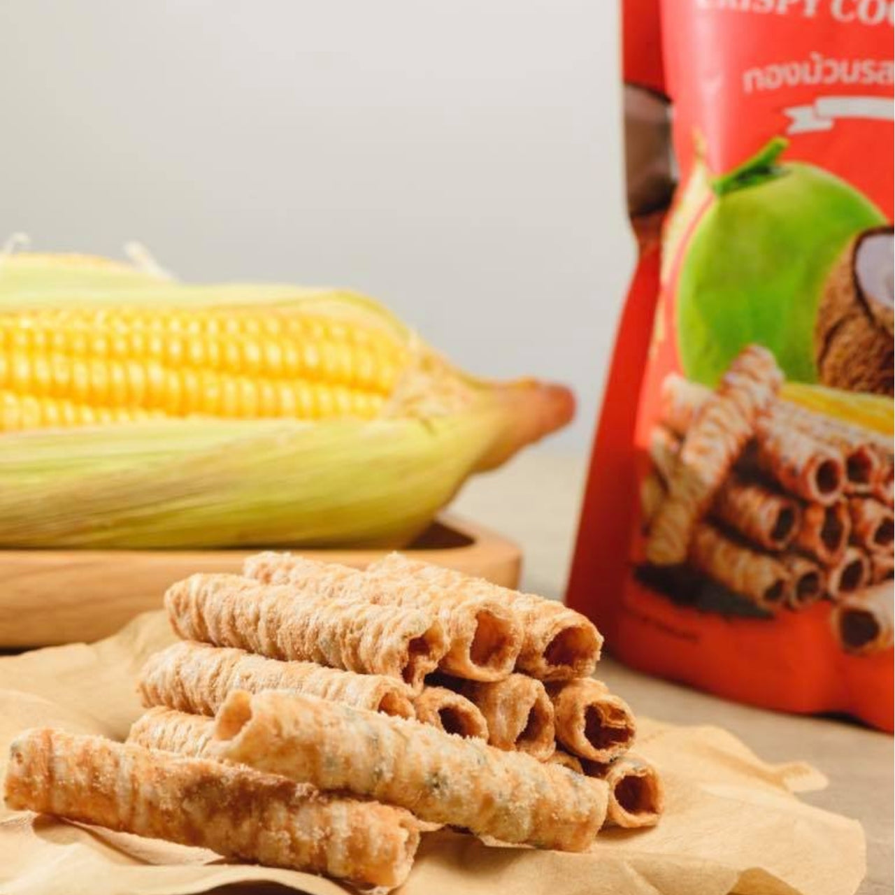 Thai Coconut Rolls Grilled Corn Flavor – Crispy, buttery rolls handcrafted in Kanchanaburi with fresh coconut milk and a savory-sweet blend of grilled corn for a deliciously unique taste.