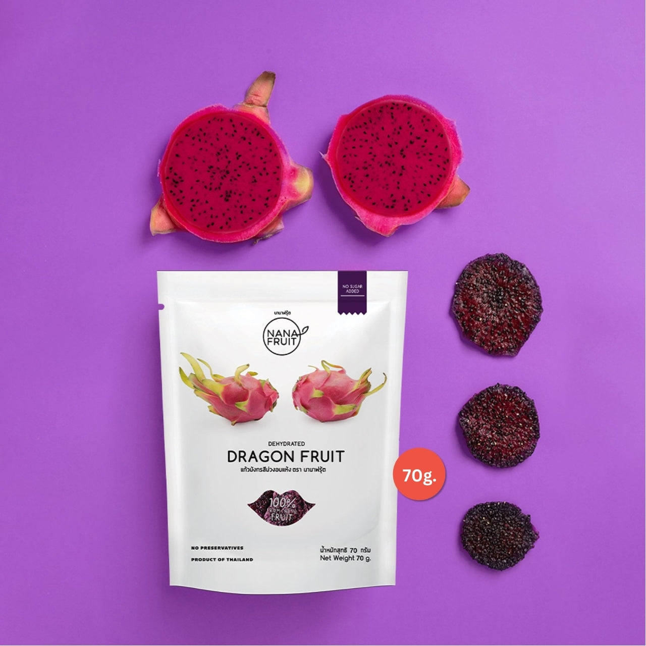Nanafruit Dehydrated Dragonfruit – No added sugar, naturally sweet and vibrant dehydrated dragon fruit slices with a chewy texture and rich tropical flavor.