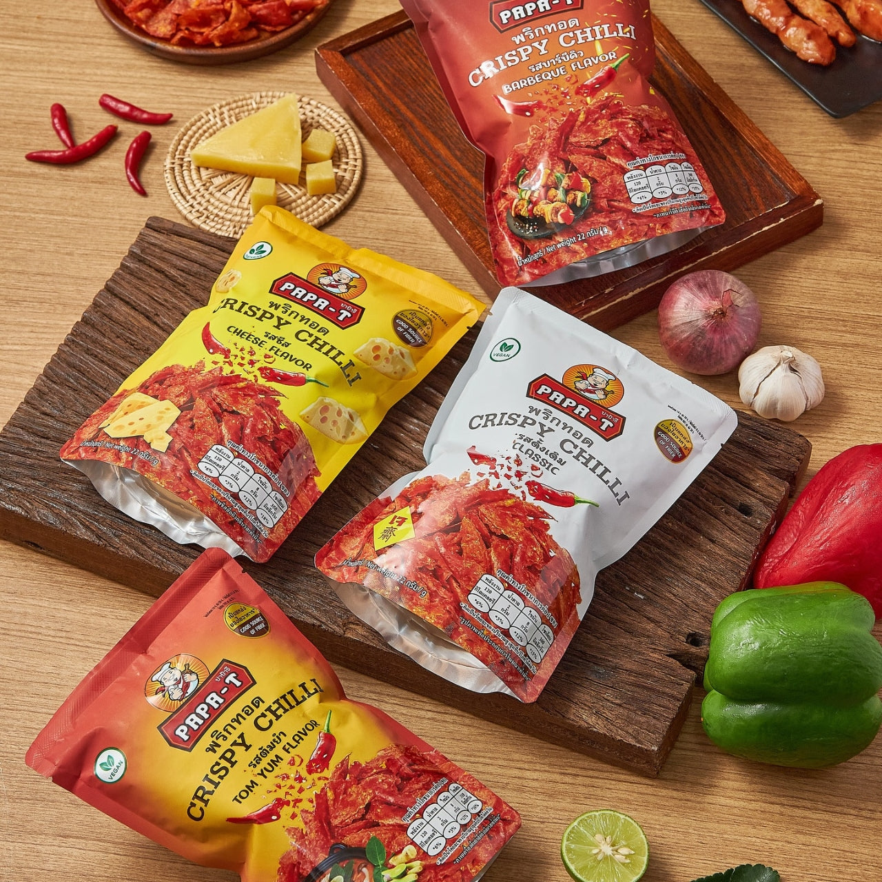 Papa-T Crispy Chilli Starter Pack – A variety pack featuring whole crispy chilies in Original, BBQ, Tom Yum, and Cheese flavors.
