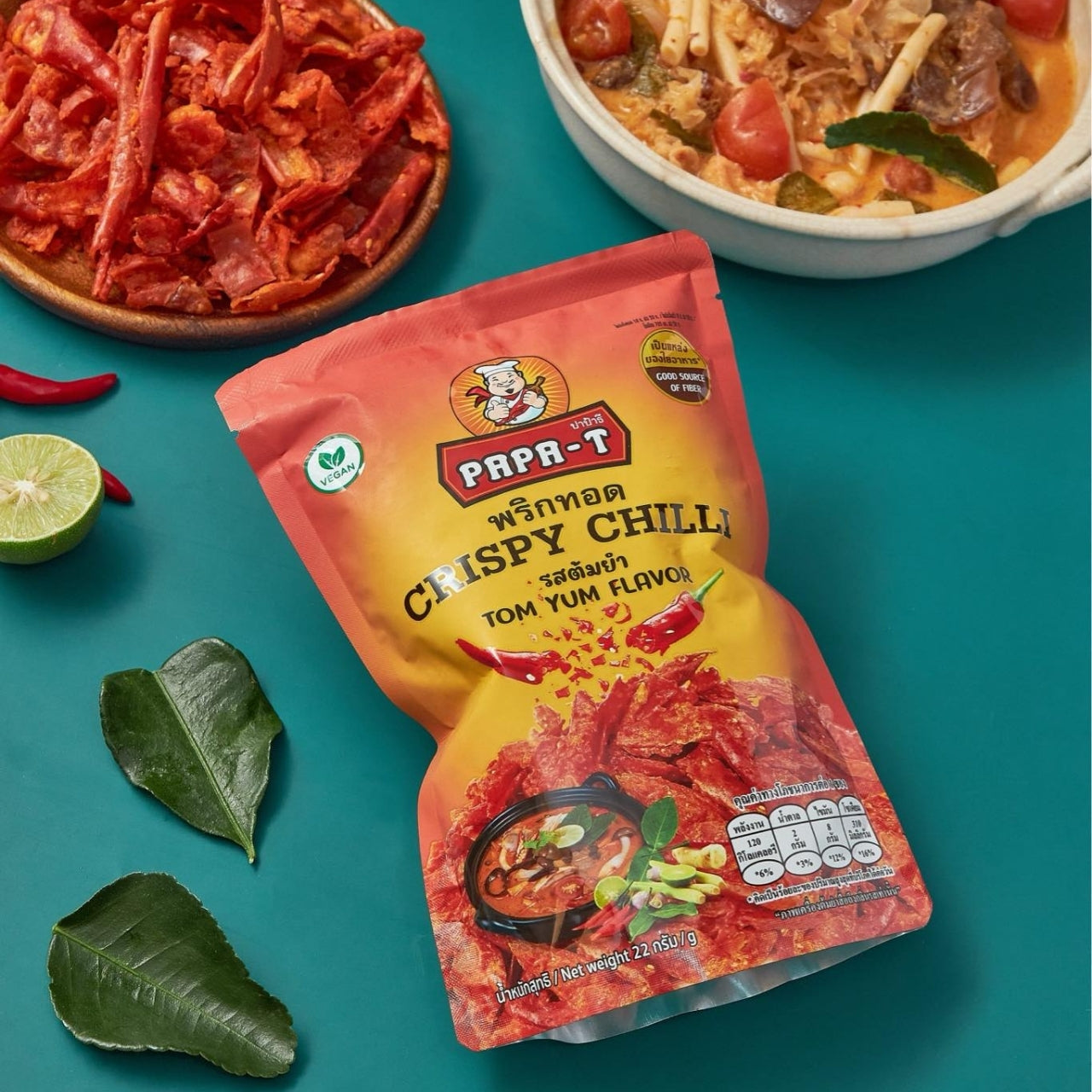 Papa-T Crispy Chilli Tom Yum Flavor – Whole crispy chilies infused with bold Tom Yum spices for a tangy and spicy kick.