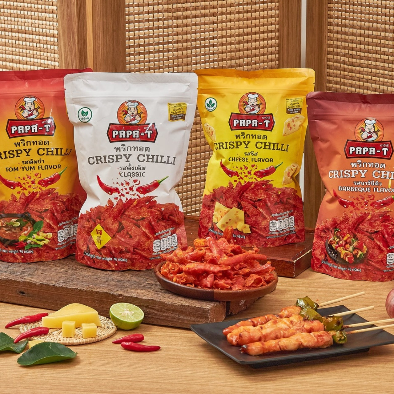 Papa-T Crispy Chilli Starter Pack – A variety pack featuring whole crispy chilies in Original, BBQ, Tom Yum, and Cheese flavors.